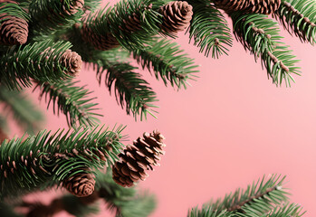 Christmas composition. Christmas fir tree branches, gifts, pine cones on wooden white rustic background. Flat lay, top view. Copy space. Banner backdrop.