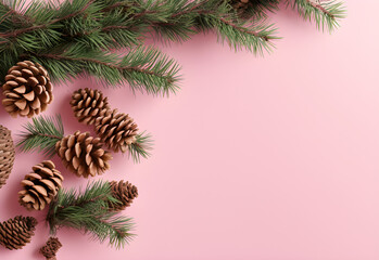 Fototapeta na wymiar Christmas composition. Christmas fir tree branches, gifts, pine cones on wooden white rustic background. Flat lay, top view. Copy space. Banner backdrop.