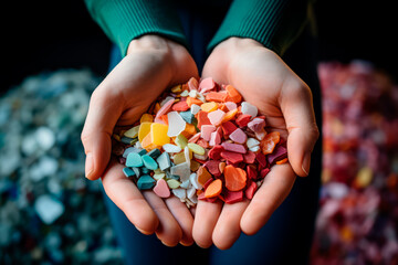 Hand holding small recycled plastic chips as raw material in production