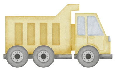 Dump Truck Watercolor illustration. Hand drawn clip art of baby toy yellow Lorry on isolated background. Drawing of tipper car for a boys game. Sketch of a waggon machine for construction. © Alisles