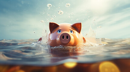debt Piggy bank little cracks.worried float on water surface
