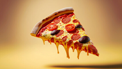 Um pedaço de pizza flutuando, com rodelas de tomate e queijo derretendo e fundo amarelo.