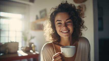 Portrait of joyful young woman enjoying cup of coffee - obrazy, fototapety, plakaty
