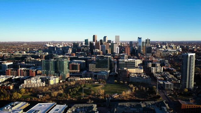 Downtown Denver Aerial Shot, Flying Away from the City at Sunset