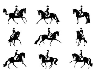 Set of black equestrian dressage silhouettes. Vector illustration isolated on white
