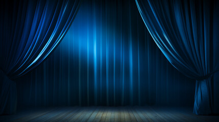 blue curtains with a spotlight, AI Generative.