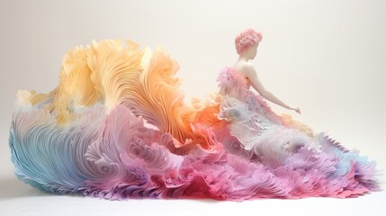 surreal image of woman in flowing gown art dress made of paper, with soft pastel gradients creating a dreamlike effect. Concept of elegance, artistry, fashion creative, fluidity and ethereal beauty.