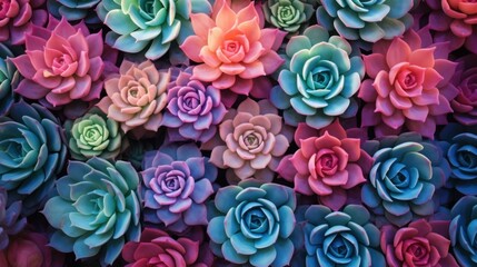 Vibrant array wall of multicolored pastel succulent plants, creating a lush mosaic of natural textures and hues. Concept of growth, vitality, diversity, harmony, and sustainability plants decor - obrazy, fototapety, plakaty