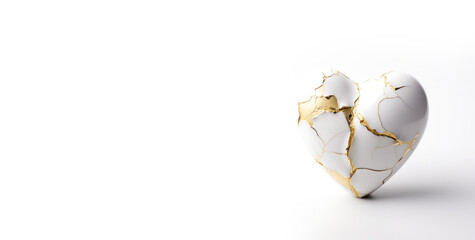 Kintsugi Upcycled white porcelain ceramic heart with golden cracks details. Kintsugi kintsukuroi golden repair is the Japanese art of repairing broken pottery - obrazy, fototapety, plakaty