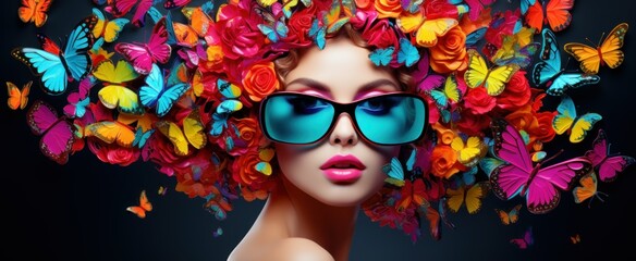 Fashion model with turquoise sunglasses with vivid butterflies and flowers in hair. Concept of fashion, surrealism, natures beauty, spring renewal, and feminine mystique. - obrazy, fototapety, plakaty