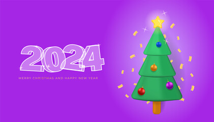 New Year background with realistic Christmas tree with golden confetti. 2024 glass text. Load party concept. Xmas Poster, banner, cover card, brochure, flyer design. Vector illustration