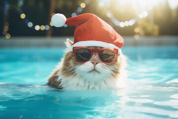 Cute cat chilling in a pool on Christmas holidays - obrazy, fototapety, plakaty