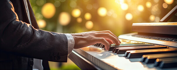 Fototapeta na wymiar Detail on male pianist hands on piano keyboard in exterior green forest background. copy space for text.