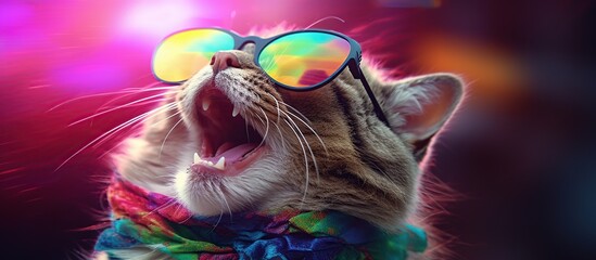 Portrait cat in glasses rainbow reflection is singing a song at the stage of karaoke