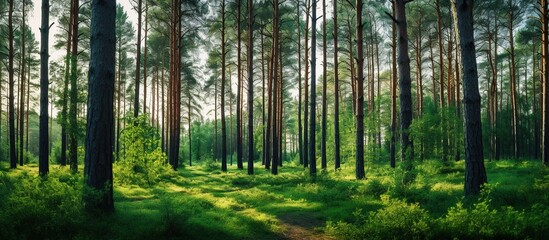 Obraz premium Beautiful summer in the green pine trees forest. AI generated image