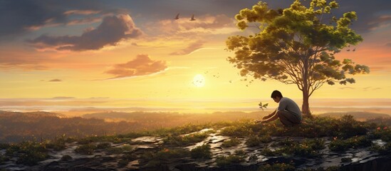 A Man planting seed tree into soil in sunrise. AI generated image