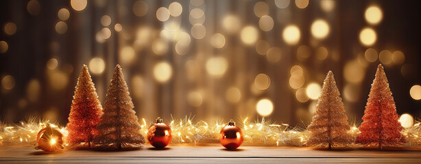 fondo navideño decorado con pequeños árboles de navidad y bolas, con fondo dorado desenfocado