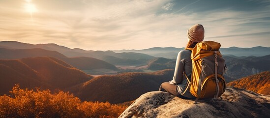 Back view young woman wearing a backpack and sit on stone in mountain at sunset