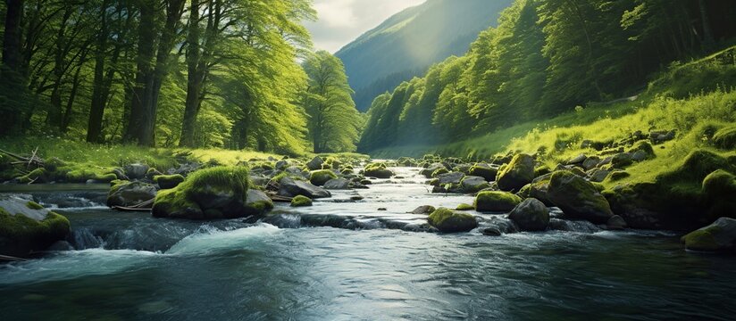 Tropical deep nature rainforest river landscape. AI generated image