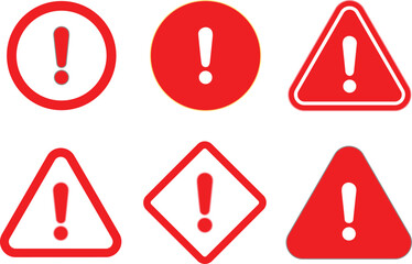 Red Caution, danger and warning signs icons set vector. Exclamation marks. Attention alert or error massage