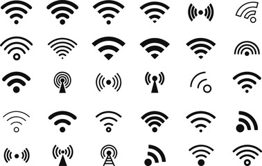 WIFI signal collection. Wireless internet symbol. Set of sign for connect of network. Bar of satellites for mobile, radio, computer. Hotspot, strength electronic wave from antenna for communication. V - obrazy, fototapety, plakaty
