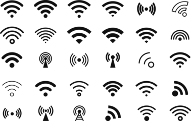 Deurstickers WIFI signal collection. Wireless internet symbol. Set of sign for connect of network. Bar of satellites for mobile, radio, computer. Hotspot, strength electronic wave from antenna for communication. V © Faisal