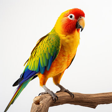 colorful perched parot on white background, AI Generative.