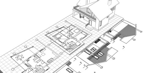 Fototapeta na wymiar house architectural project sketch 3d illustration 
