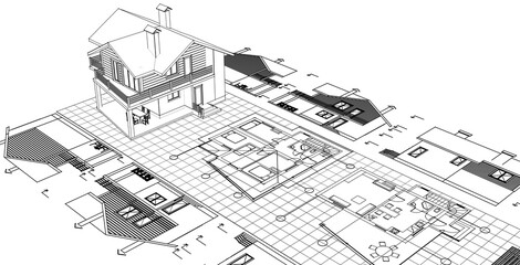 Fototapeta na wymiar house architectural project sketch 3d illustration 