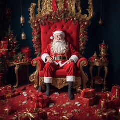 Santa Claus sitting on a throne Giving Gifts, AI Generative