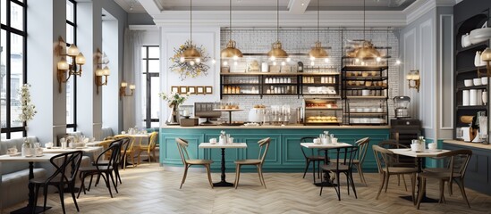 Classic elegant interior design of restaurant or cafe. AI generated image - obrazy, fototapety, plakaty