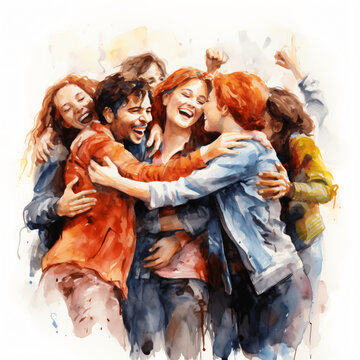 United in Joy, Artistic Group Hug, Cheerful Ambiance, Isolated