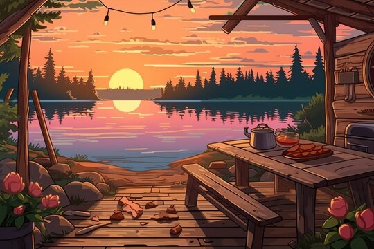 Picnic Setup On A Wooden Dock By A Log Cabin On A Sunset Lake, Magazine Style Illustration