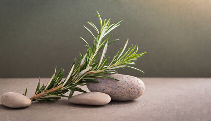 Obraz na płótnie Canvas tranquil wellness rosemary and pebbles on minimalist neutral background nature series