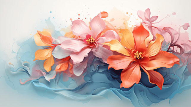 Mixture of Aquarelle Flowers and Abstract Elements, Unique Design
