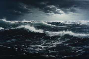 Obraz premium Blue ocean panorama with sun reflection, black blue sky, sea haunted cloud, scary ocean, depression background