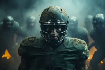 Portrait of professional brutal American football player wearing helmet standing in front of his teammates. Determined, powerful, confident African American athlete ready to win the game.