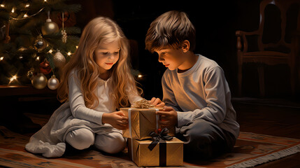 Children opening Christmas gift