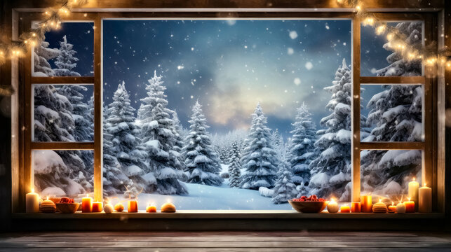 Christmas background with burning candles on the background of a window with a snowy landscape. Beautiful Christmas interior. Christmas tree on the background of the window.