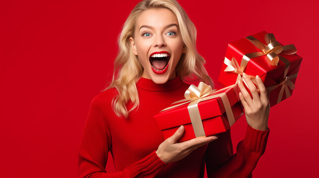 An excited blonde woman with a gift in her hands, Christmas, Valentine's Day, Birthday, Wedding, Anniversary