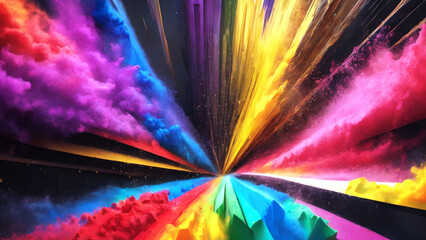 Explosion of rainbow colored powder on black background