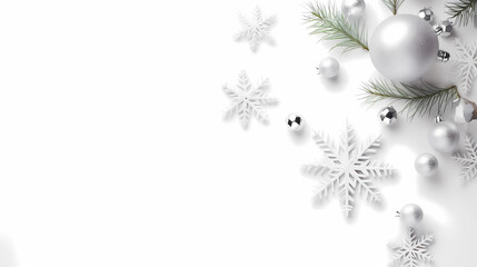 Happy new year flat lay mockup with snowflakes, Christmas tree decorations on white background. Winter holiday concept composition. Top view with copy space.