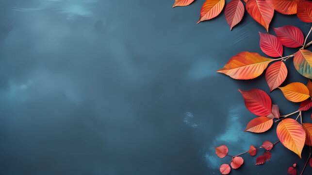 Autumn background with colored red leaves on blue slate background. Top view, copy space
