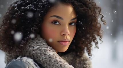 A beautiful African American woman outdoors in the snow