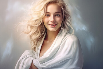 Fototapeta premium Beautiful blond woman in white is smiling