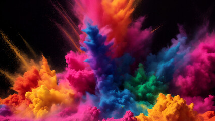 Explosion of rainbow colored powder on black smoky background