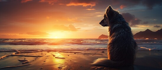 Dog sit at sand of beach enjoy during sunset. AI generated image - obrazy, fototapety, plakaty
