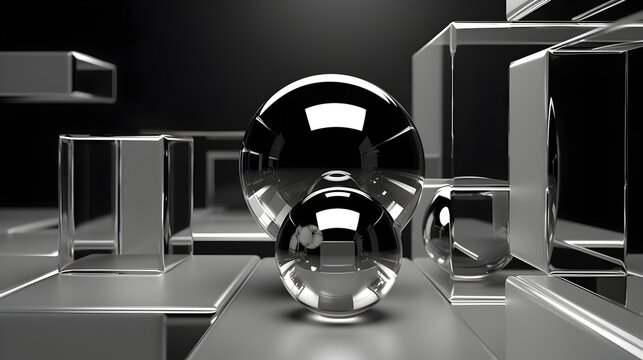 Illustration of abstract geometric composition in black and white color with reflective surface. Diamonds in black and white background with reflection.
