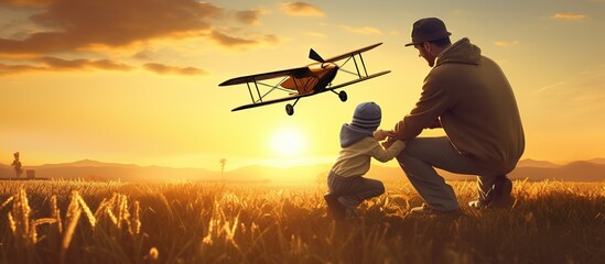 Father and son playing with aircraft together against sunset at summer day - obrazy, fototapety, plakaty