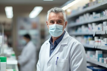 Portrait of mature Caucasian male pharmacist wearing protective mask among shelves of medicines in pharmacy. Experienced confident professional in workplace. Healthcare and hygiene concept.